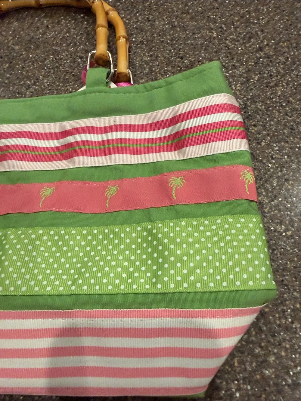 Striped Pink and Green Ribbon Clutch Bag with Bamboo Handles
